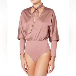 Fleur du Mal dusty rose pink long sleeve V-neck bodysuit with neck tie NWT